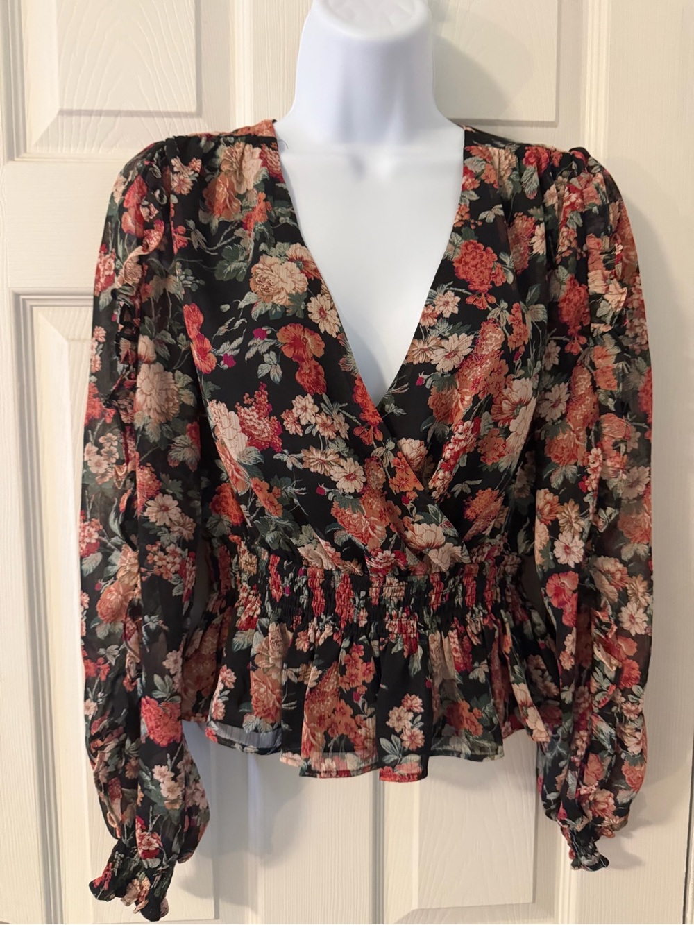 Express Black Floral Wrap Peplum Blouse